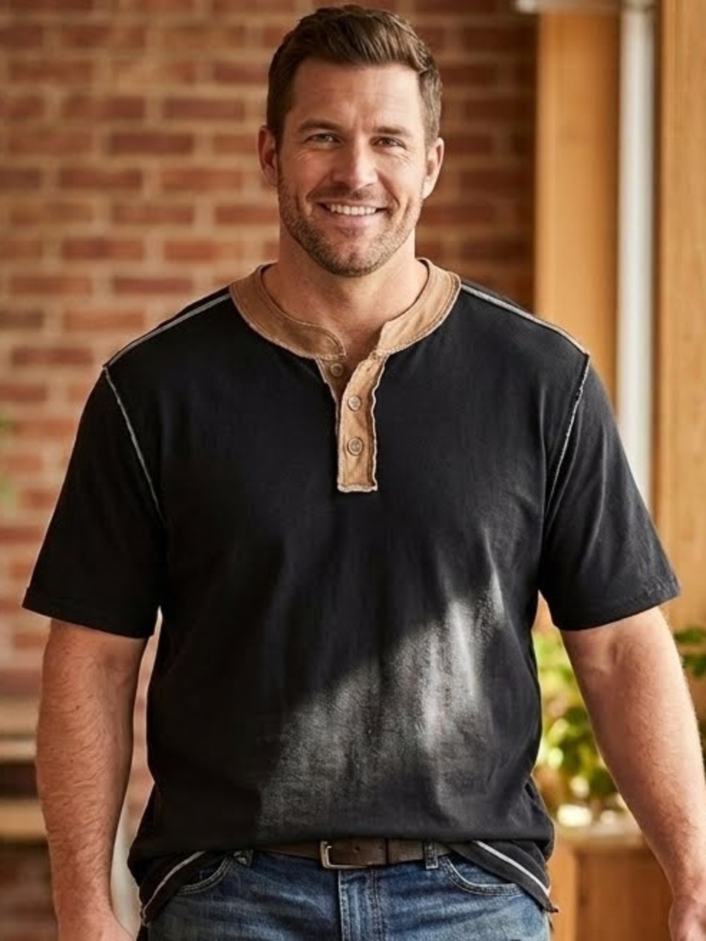 Westport Henley Shirt Top No-Tuck Short Sleeve Black Tan buttons stretch 2XLT